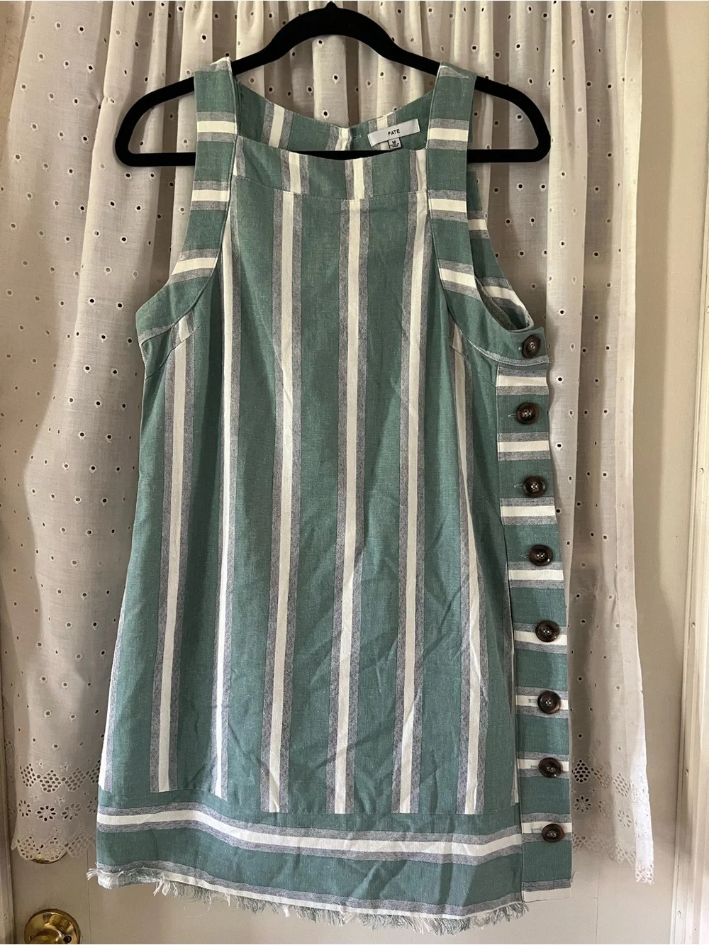 Fate Green and White Striped Sleeveless Button-Side Mini Dress